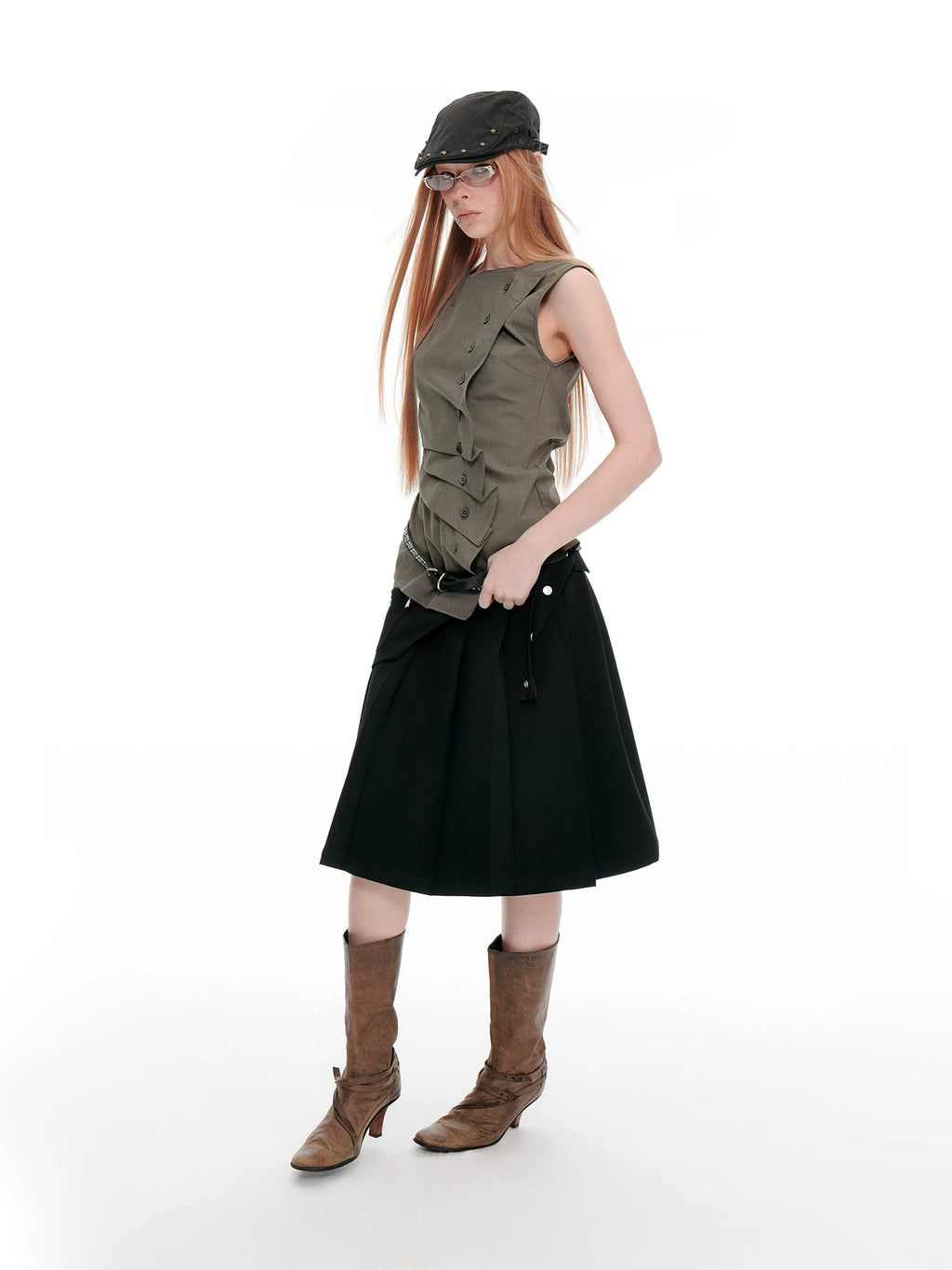JIKOO Diagonal-breasted Waist-pleated Sleeveless Shirt