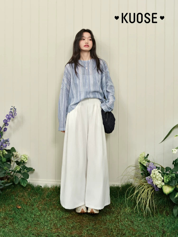Kuose Striped Hollow Loose Long Sleeve Shirt