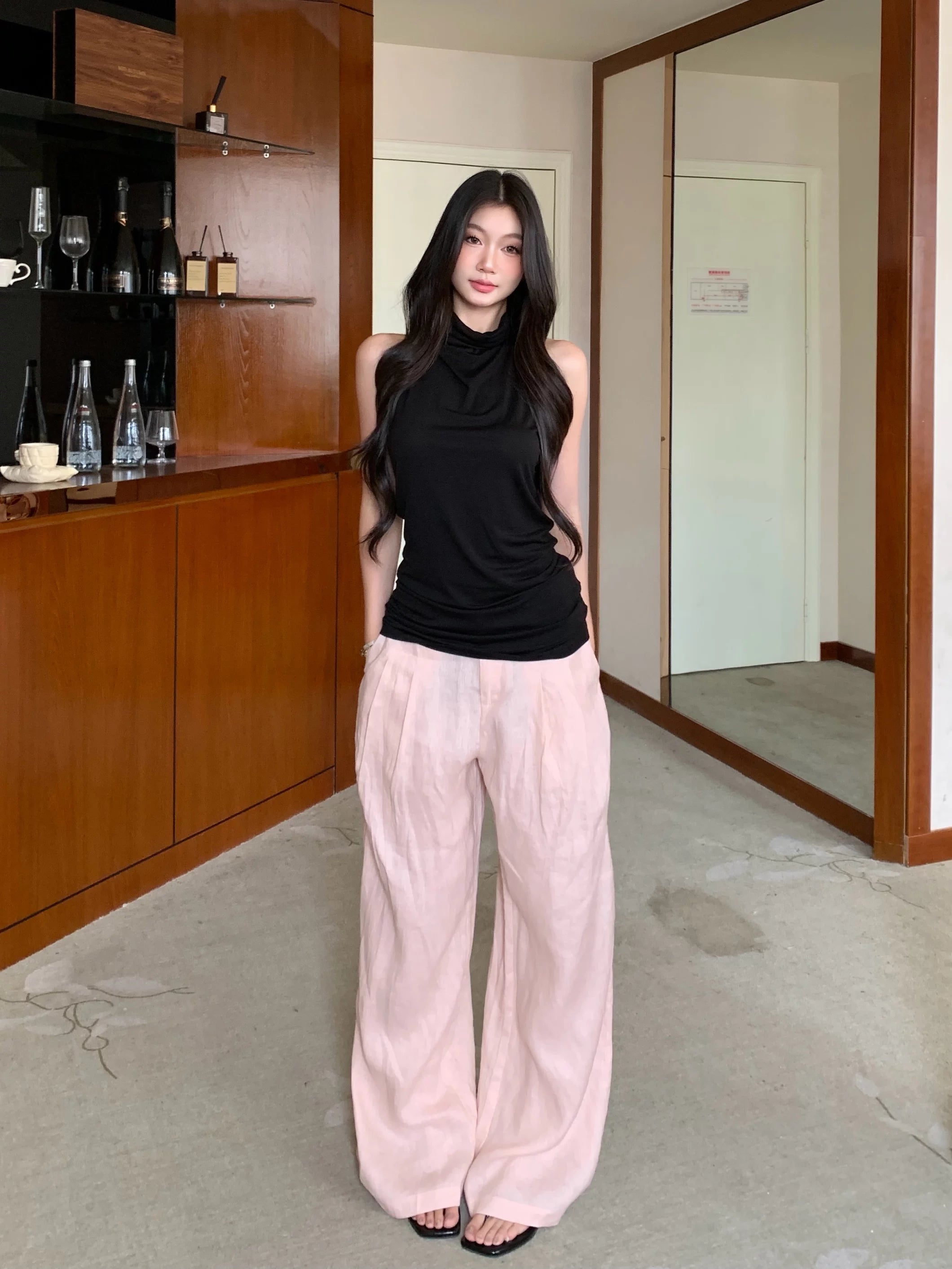 WITHMIN Low-rise Pleated Wide-leg Floor-mopping Trousers