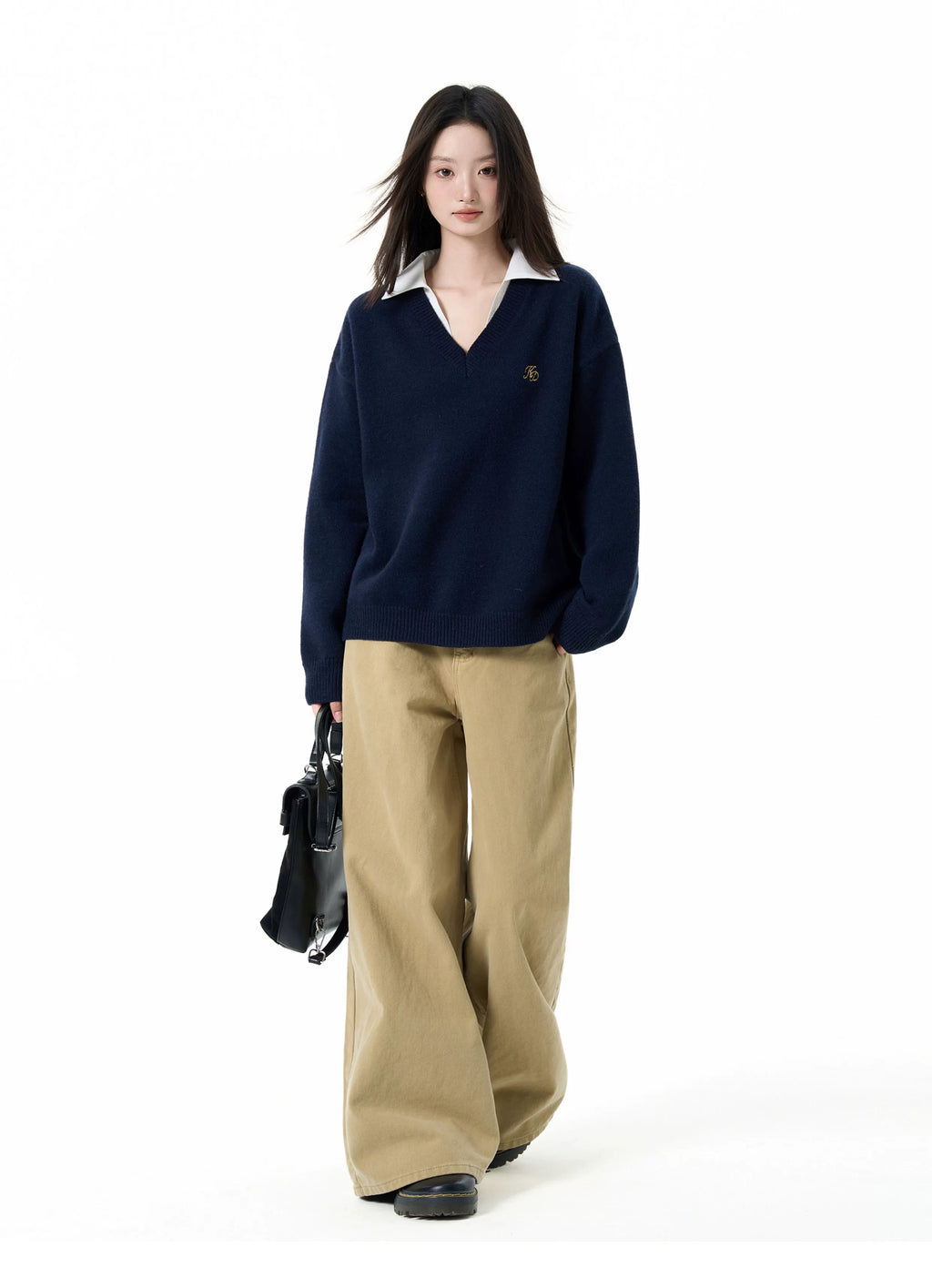 IiamX Fake Two-piece Polo Collar and Shoulder Sweater.