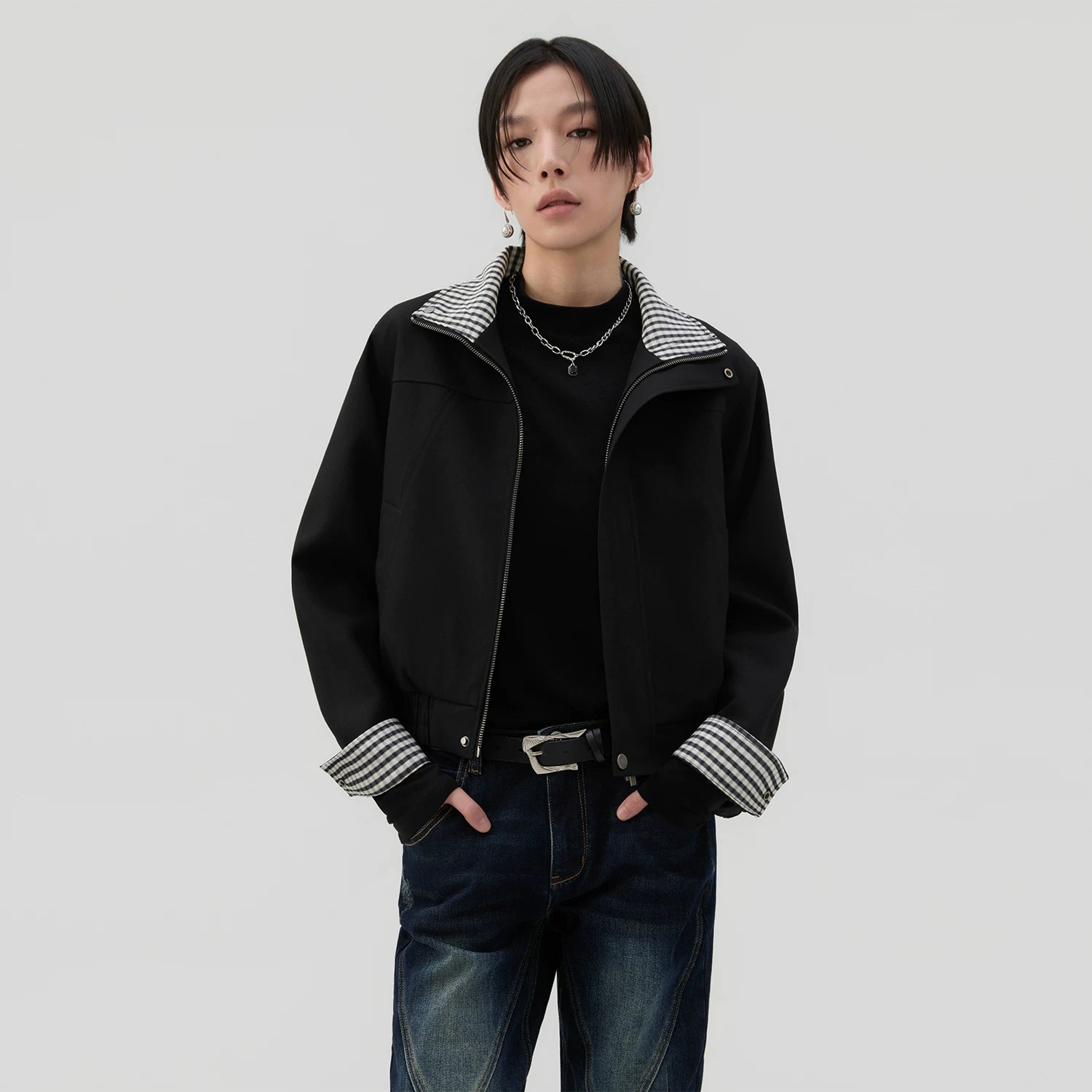 Sameuoo Plaid Stitching Casual Short Jacket