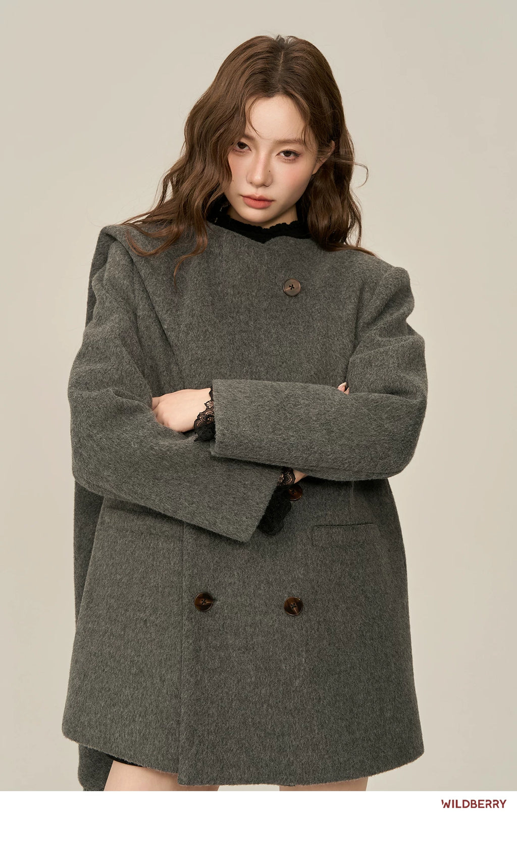 Wildberry Scarf Collar Double-breasted Medium and Long Wool Jacket