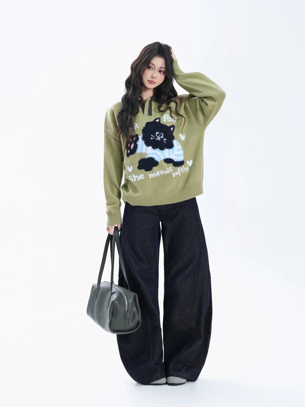 BF. BORFEND Black Cat Contrast Versatile Loose Warm Knitted Sweater