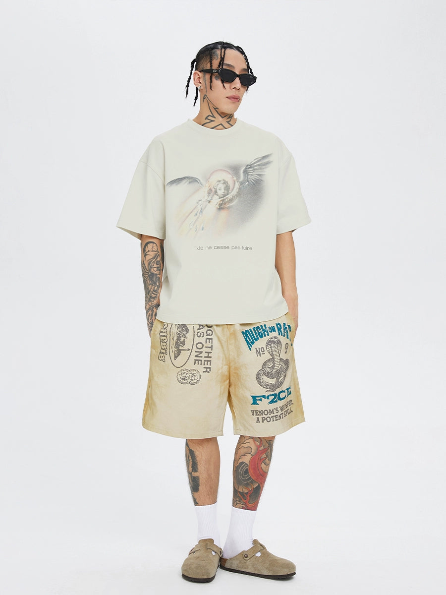 F2CE old loose silhouette mud-dyed printed shorts