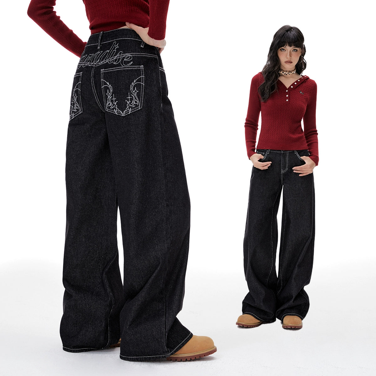 Imone Retro Bright Thread Embroidered Loose and Thin Jeans