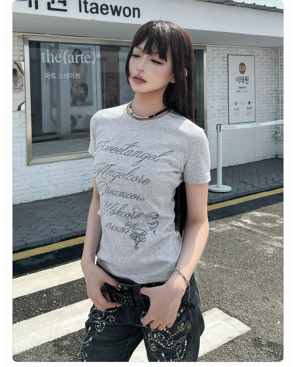 404MOB Alphabet Printed Hot Drill Front Shoulder Tee