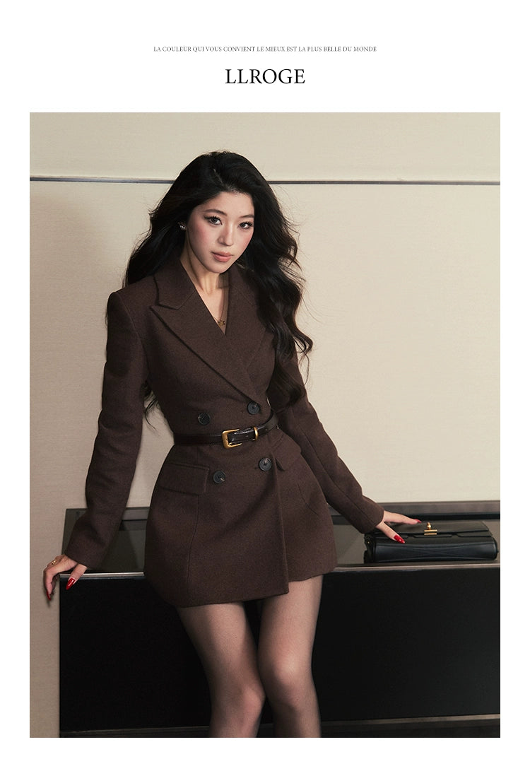 LLROGE Retro Waist Temperament Suit V-neck Dress