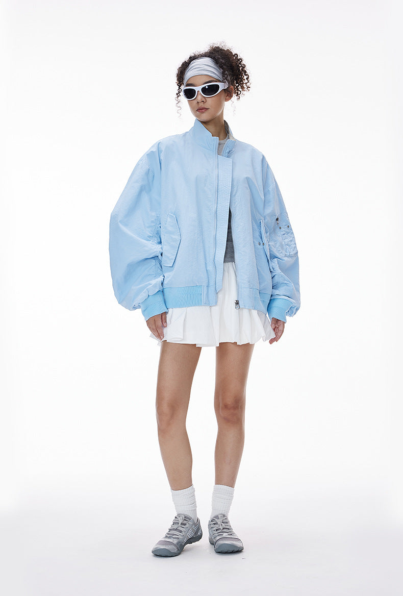 Inflation Short Stand-Up Collar Checked Contrast Baseball Jacket