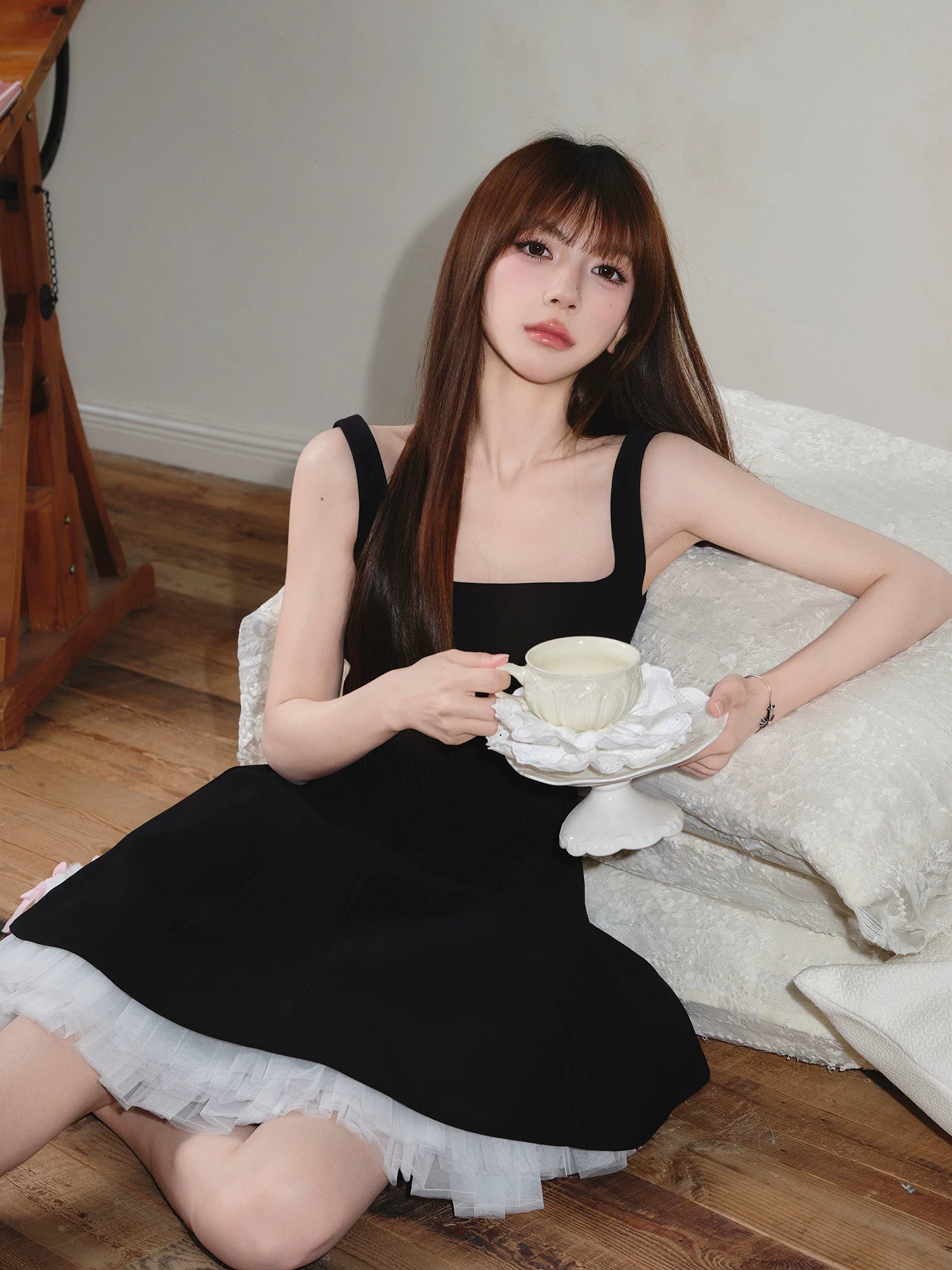Avenement Square Neck Stitching Mesh Sleeveless Dress