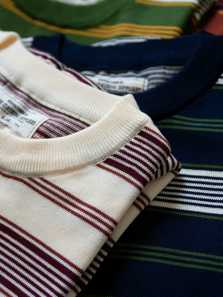 PrintAce Knitted Vintage Striped Crew Neck Front Shoulder Tee