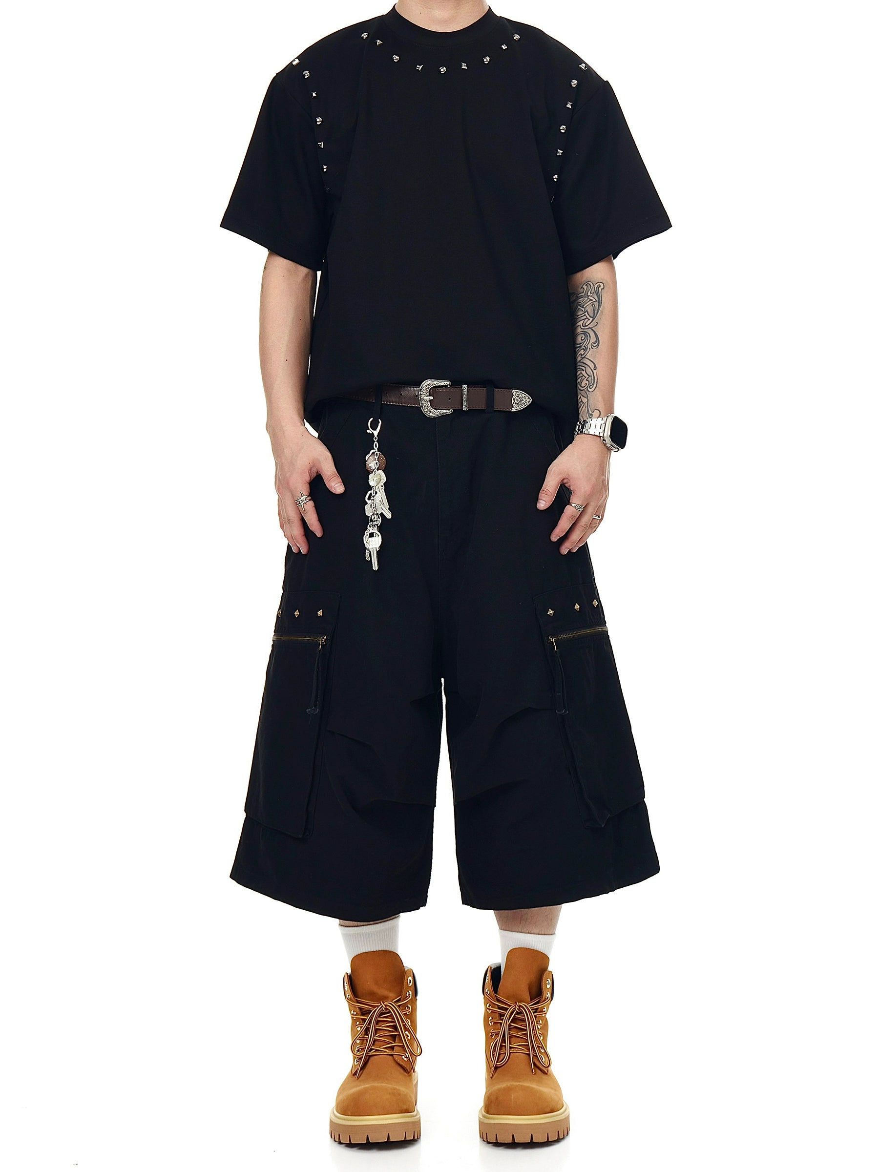 BLACKLISTS Pleated Rivet Multi-pocket Tooling Cropped Pants