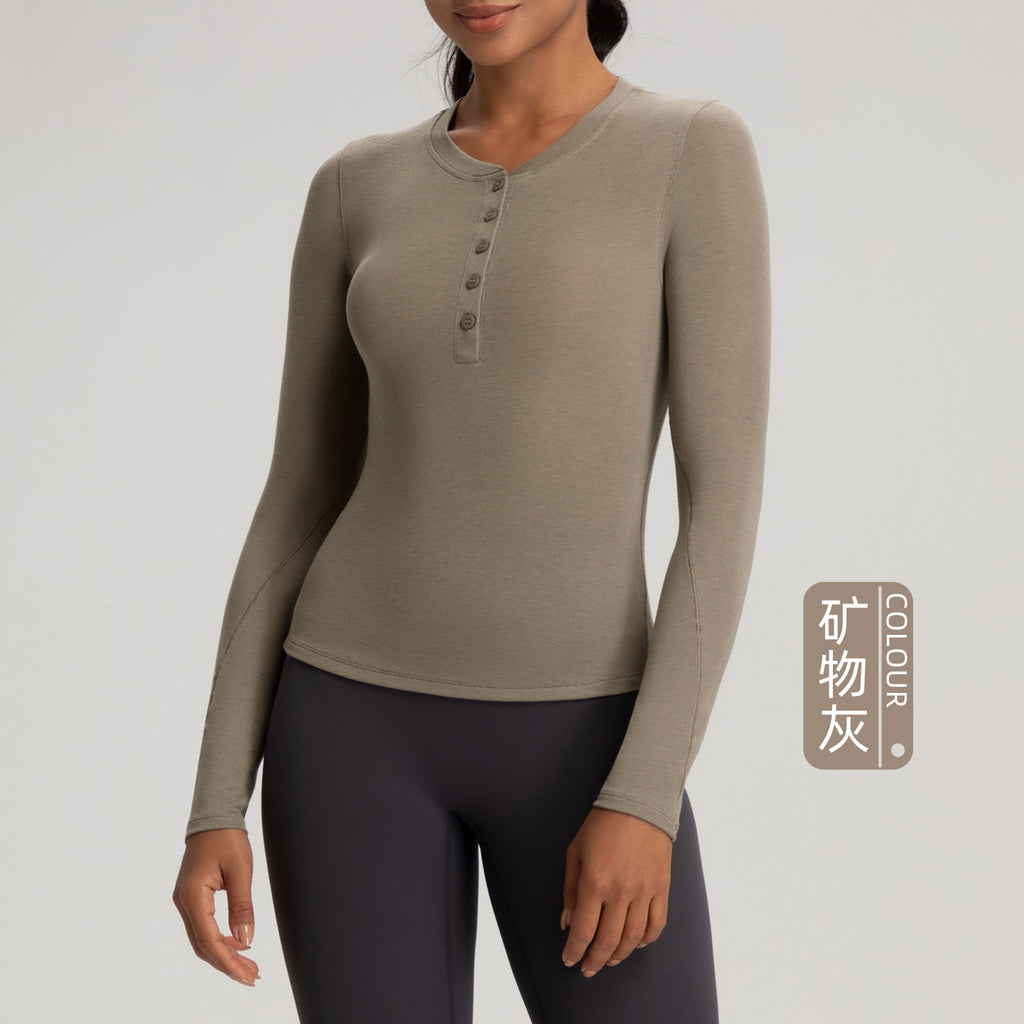 Athena Lulu Button Long Sleeve T-Shirt High Stretch Sports Henley Shirt Top