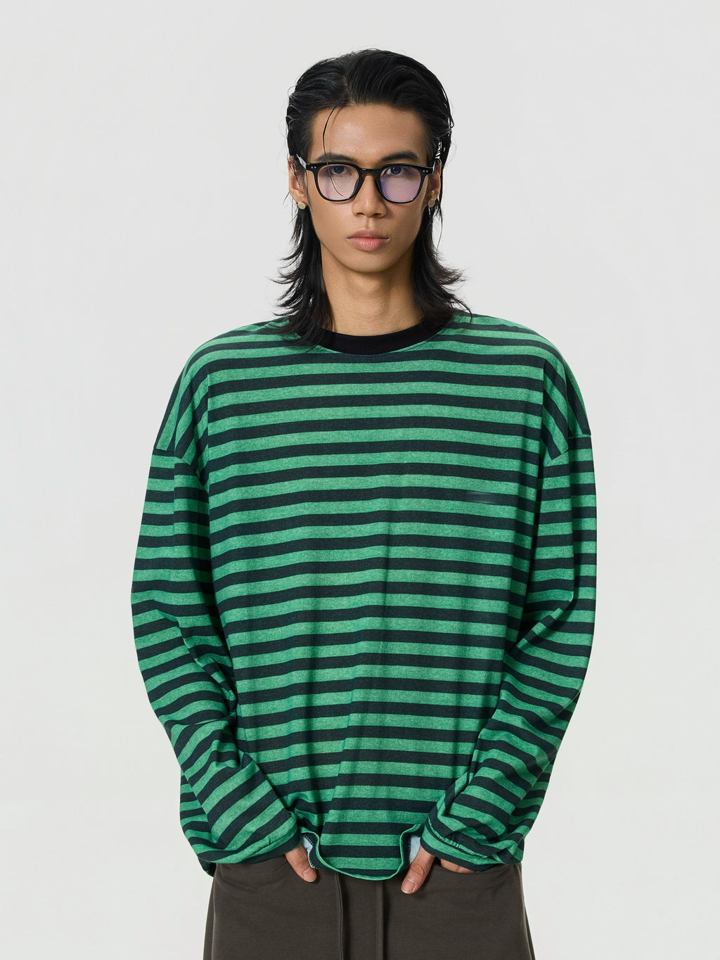 BTSG Vintage Loose Shoulder Black Green Striped Long Sleeve