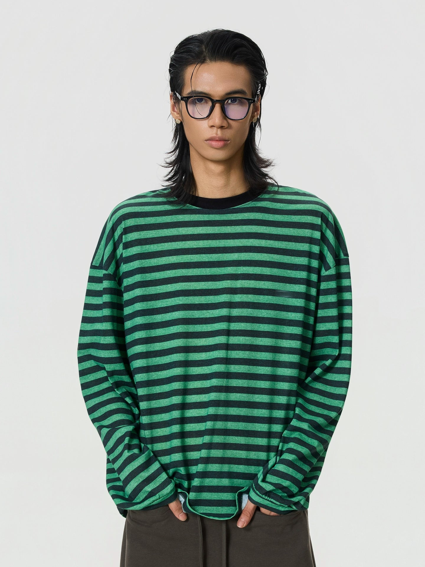 BTSG Vintage Loose Shoulder Black Green Striped Long Sleeve