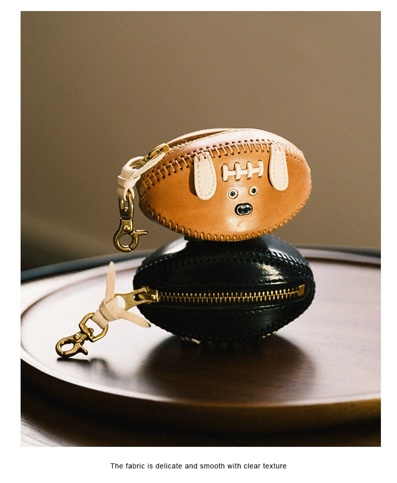 HALF WORK first layer cowhide key bag, genuine leather retro handmade football bag, earphone bag, key bag.