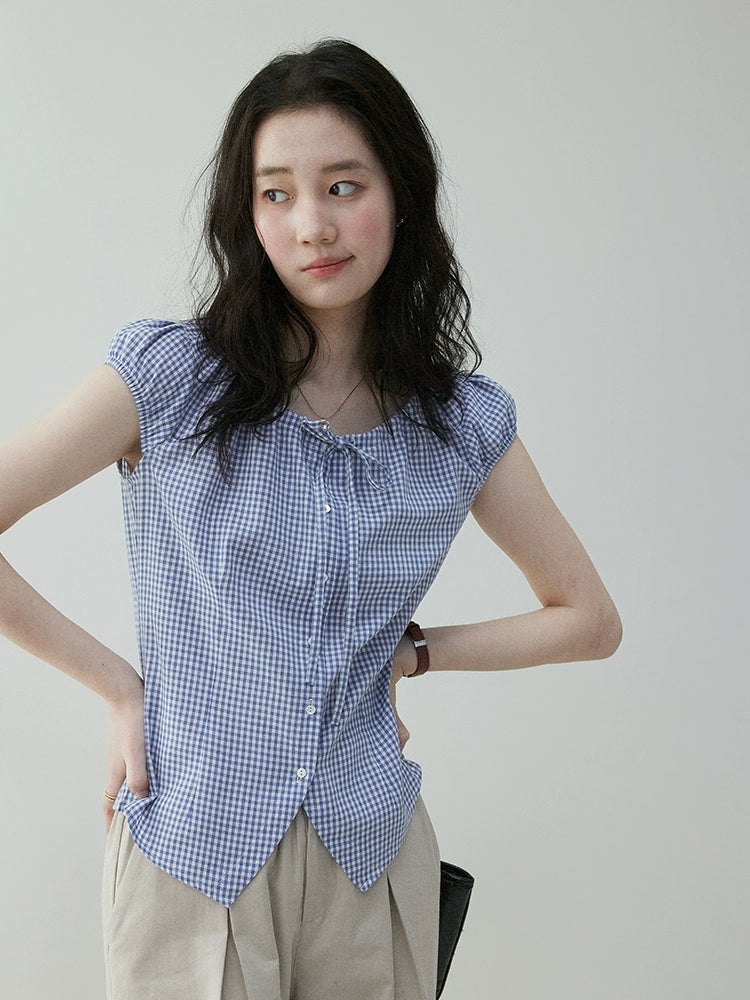 VOOE Vintage Contrast Checked Drawstring Shirt