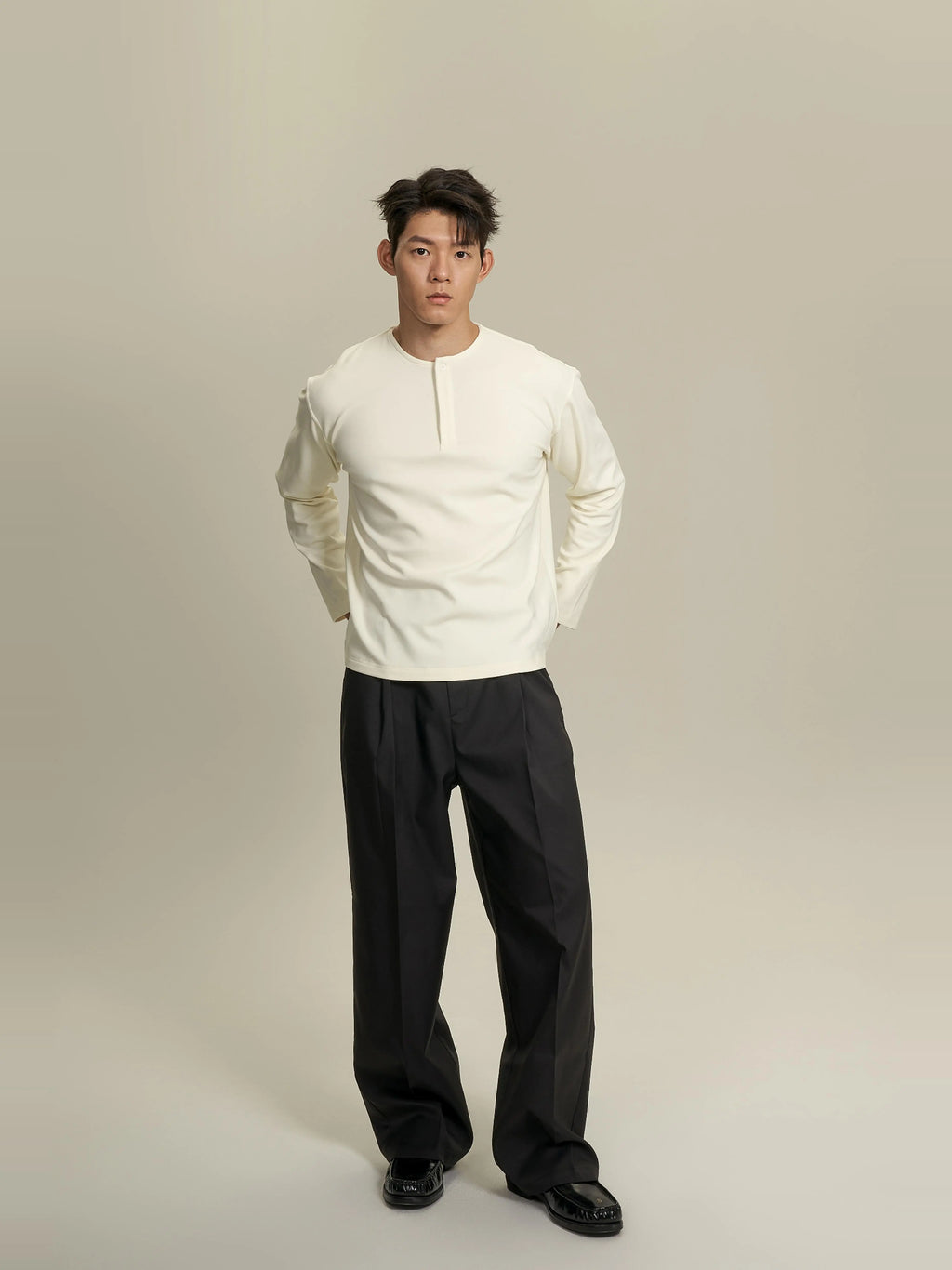 AaNn Thin Velvet Soft Waxy Front Shoulder Henry Collar Long Sleeve