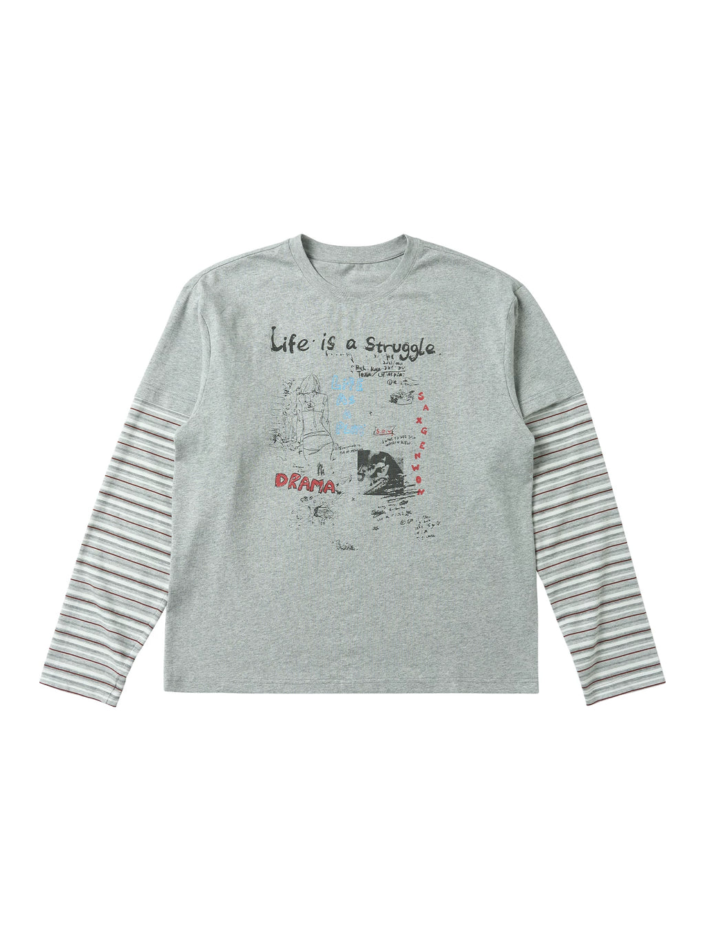 SAXGENWON Graffiti Print Striped Fake Two-piece Long Sleeve
