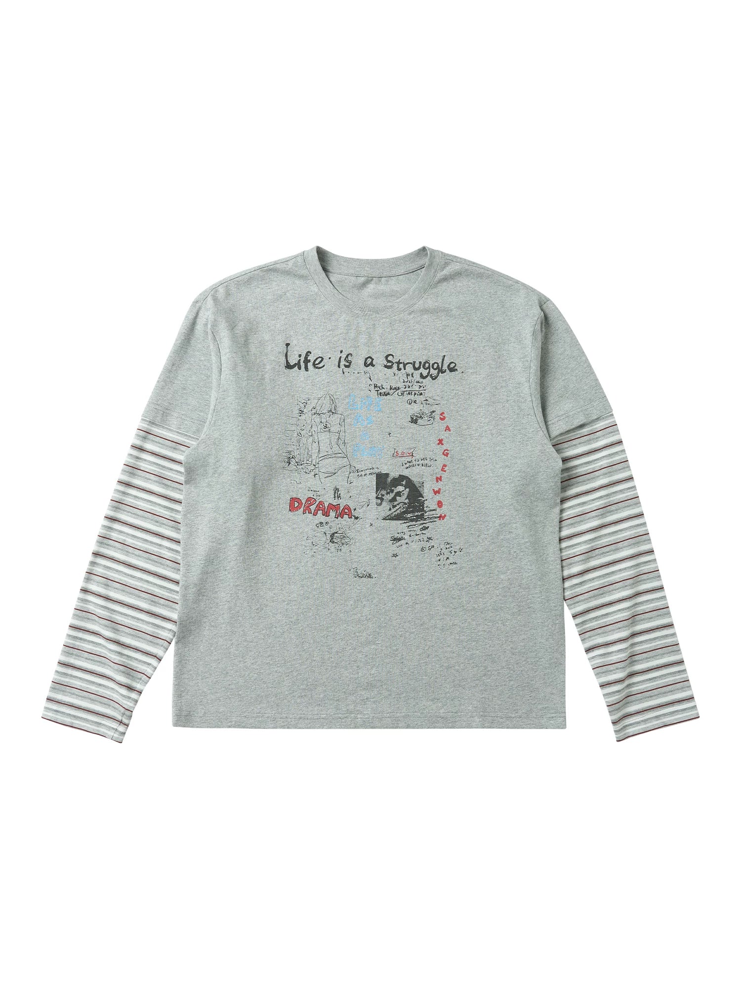 SAXGENWON Graffiti Print Striped Fake Two-piece Long Sleeve