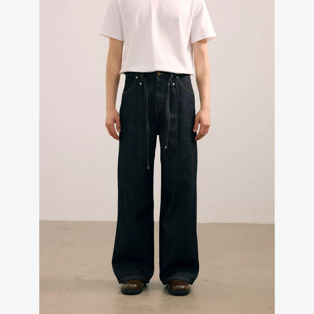 NO LOGO Kanglong Black Feather Kendo Double Pleat A-Line Loose Straight Jeans