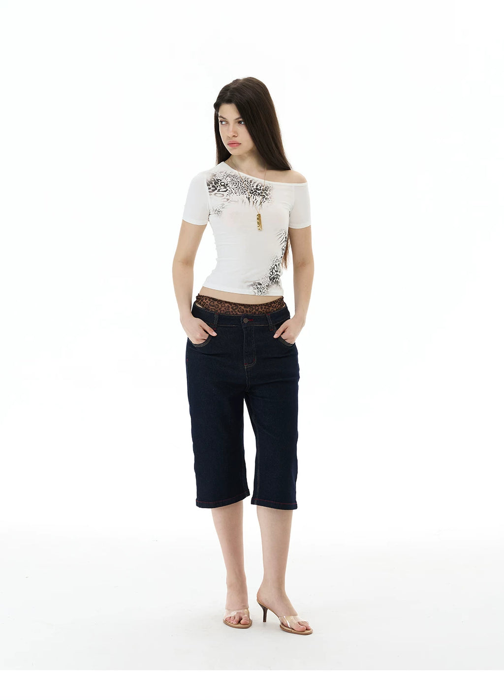 WLNEXT Leopard Print Slanted Shoulder Short Slim Tee