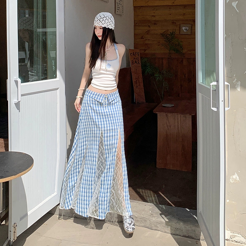 KPSR Plaid Lace Stitching A-word Vertical Skirt