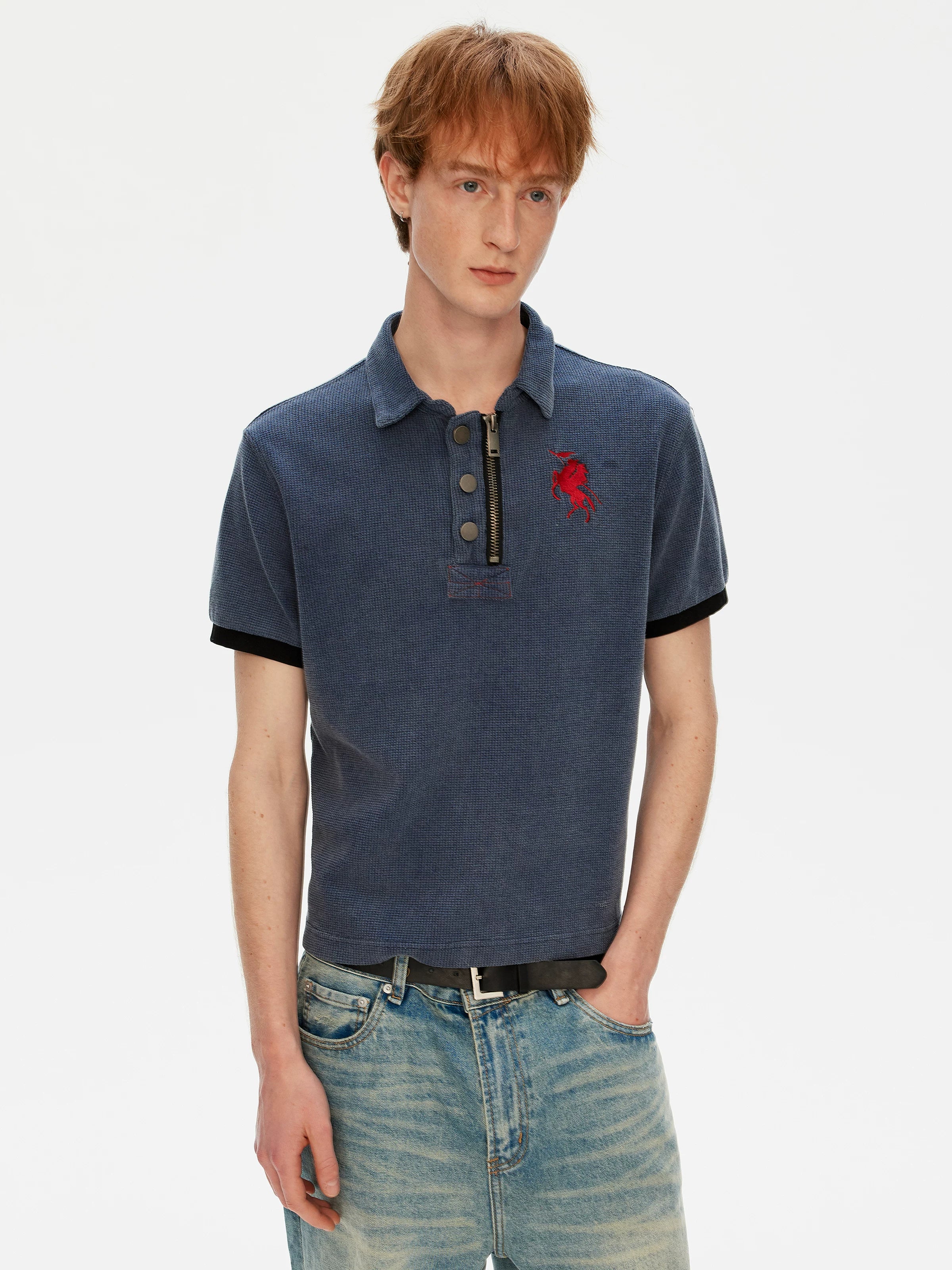 MADWITCH Vintage Embroidered Waffle Polo Collar Long Sleeve