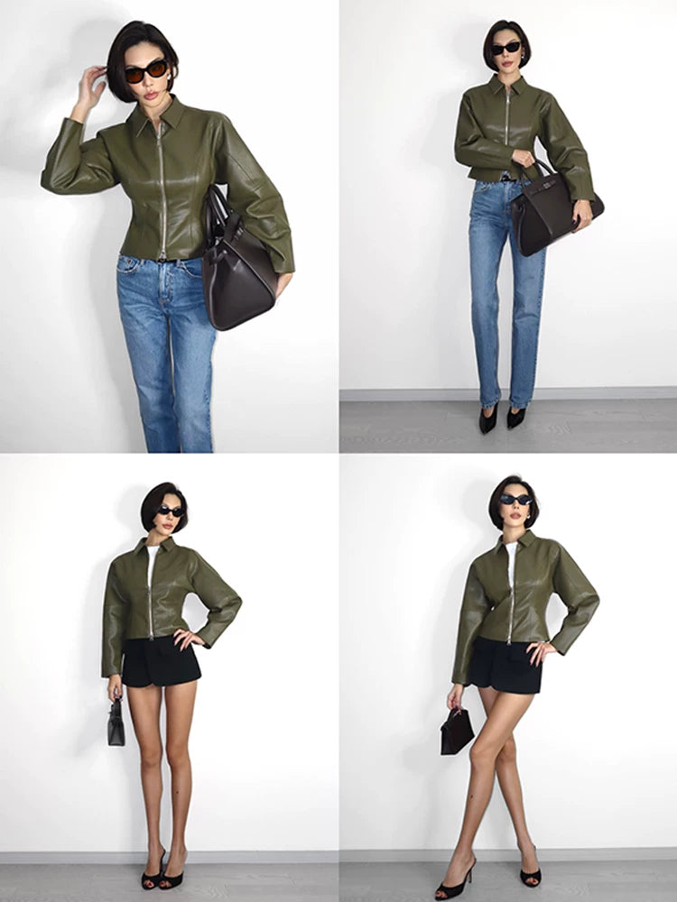 VanessaLab Vintage Slim Fit Waist Short Leather Jacket