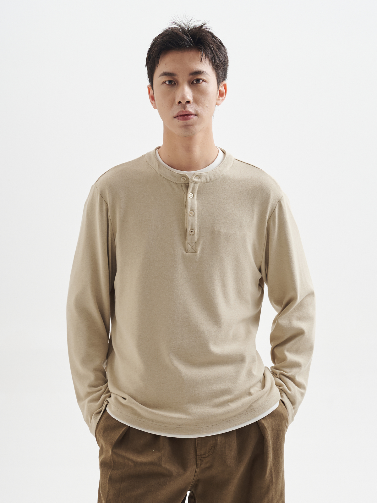 BUTTBILL 24AW Japanese Henry Neck 5% Merino Blended Long Sleeve Tee