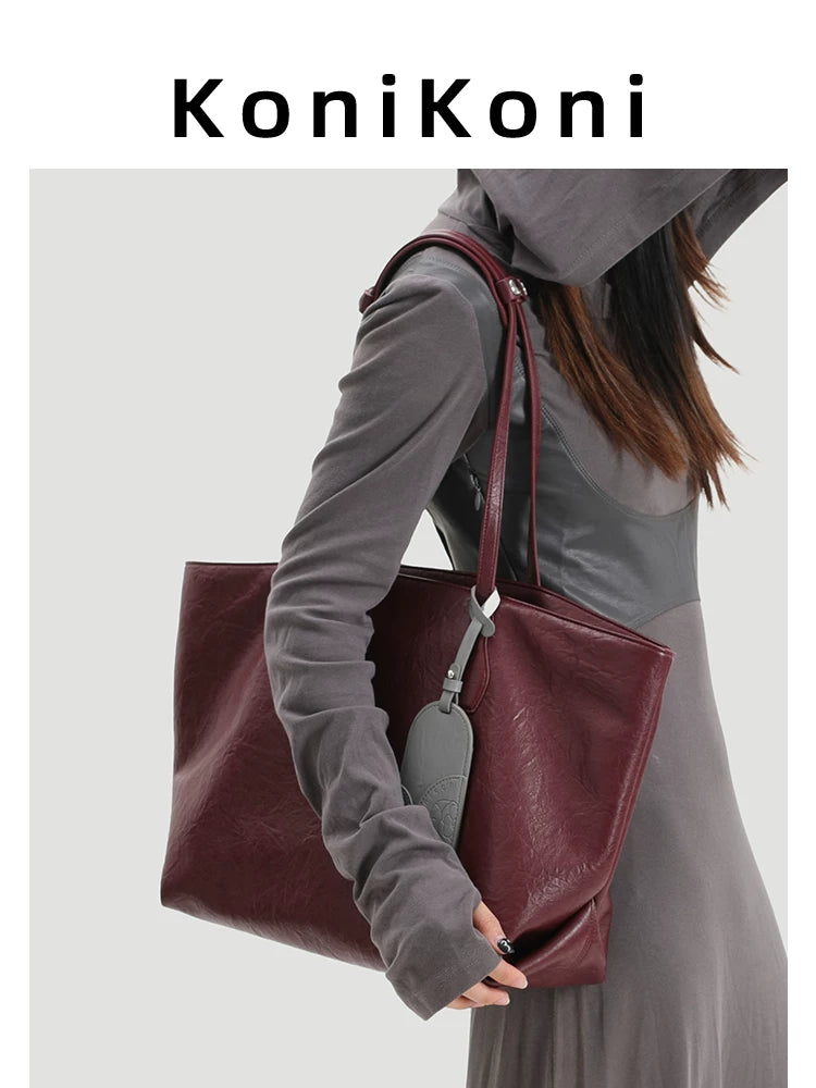 KoniKoni Leather Large Capacity Shoulder Bag