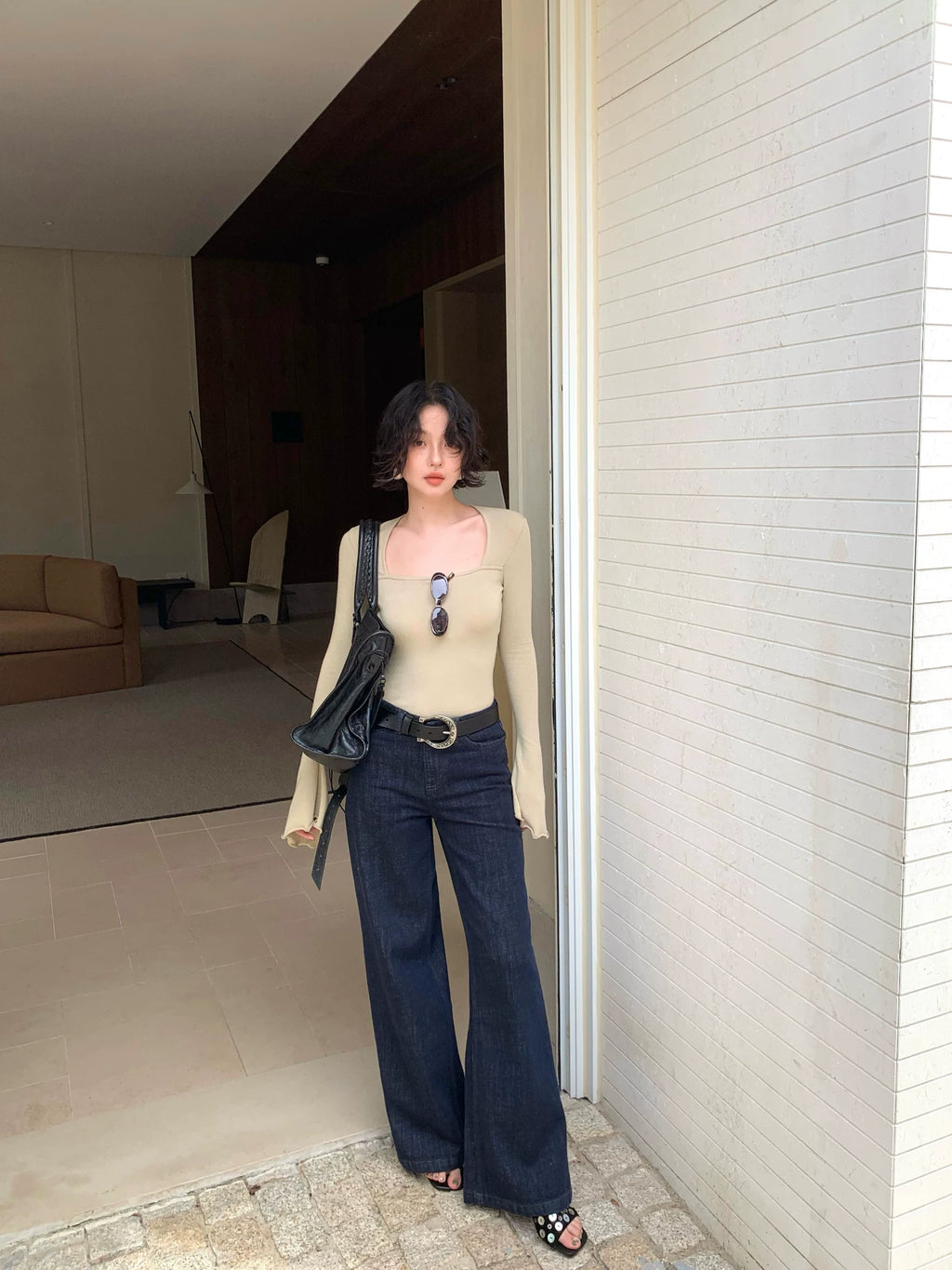 KELIFAN Retro Square Neck Slim Short Long Sleeves