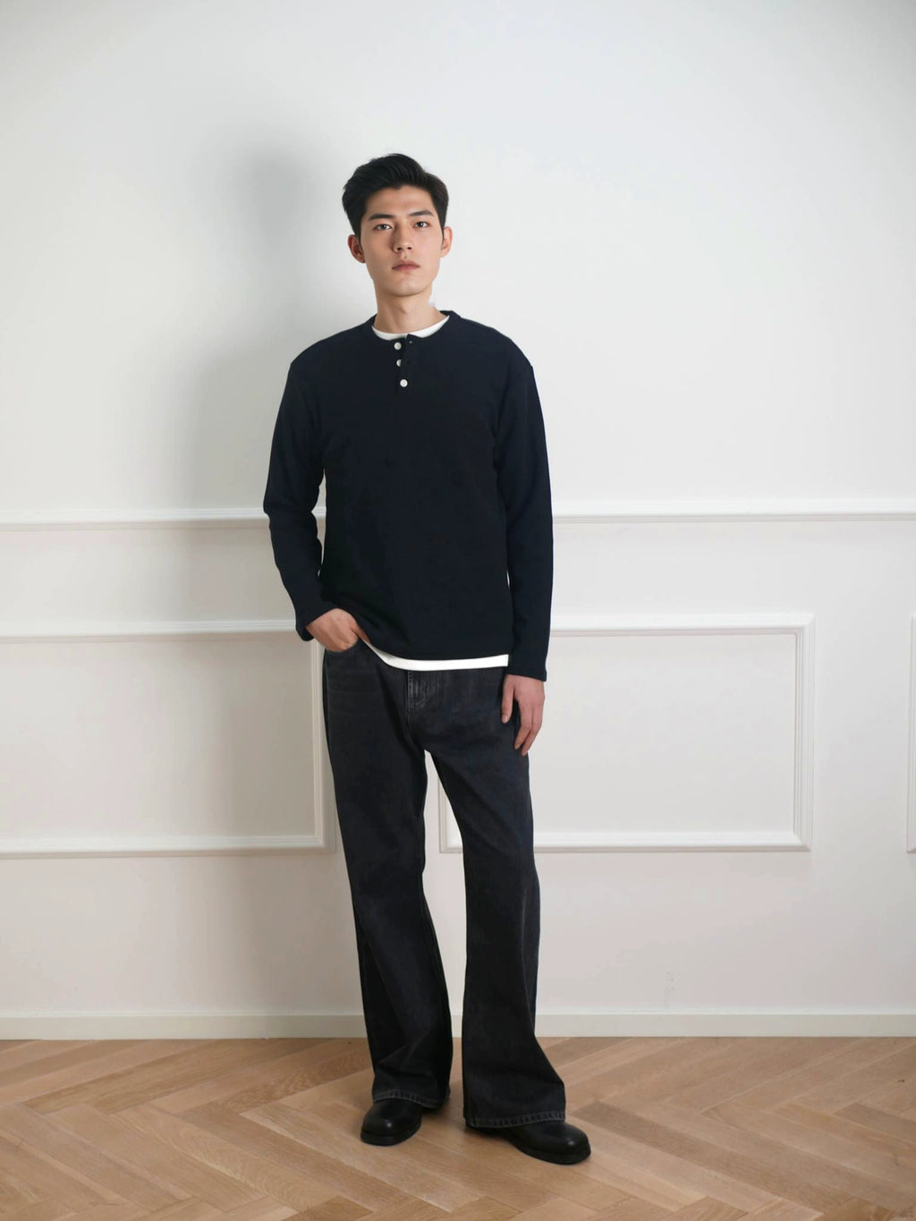 NO LOGO Waffle Henry Collar Slim Bottom Long Sleeve