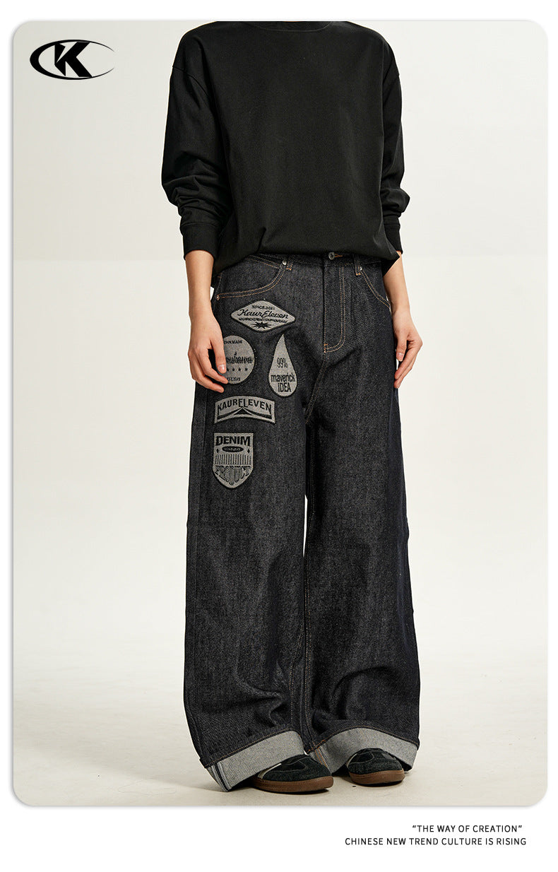 11KN 11 oz Wide-Leg Denim Jeans with Embroidered Patches