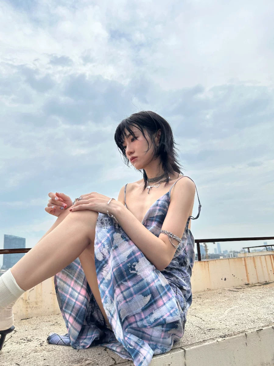 Enteralt Plaid Stitching Drawstring Lace-up Dress