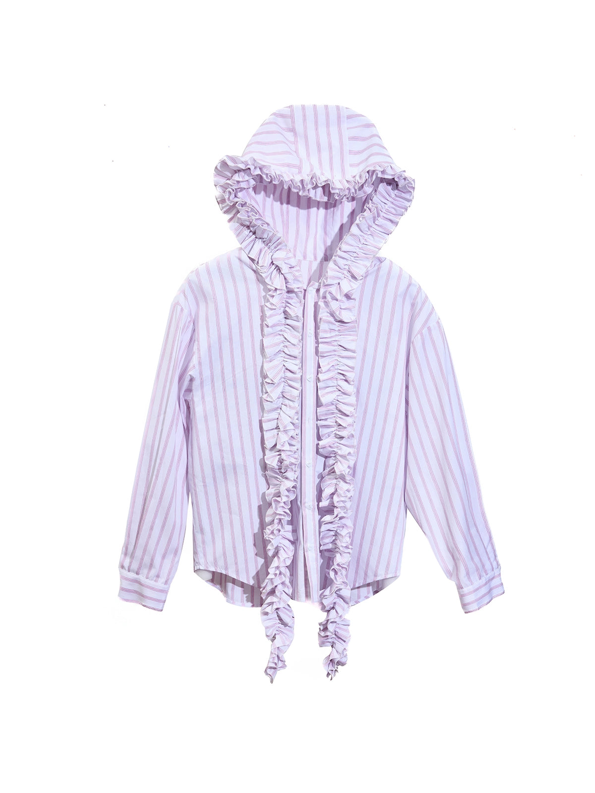 EZEK Striped Pleated Fringed Hooded Long-sleeved Shirt