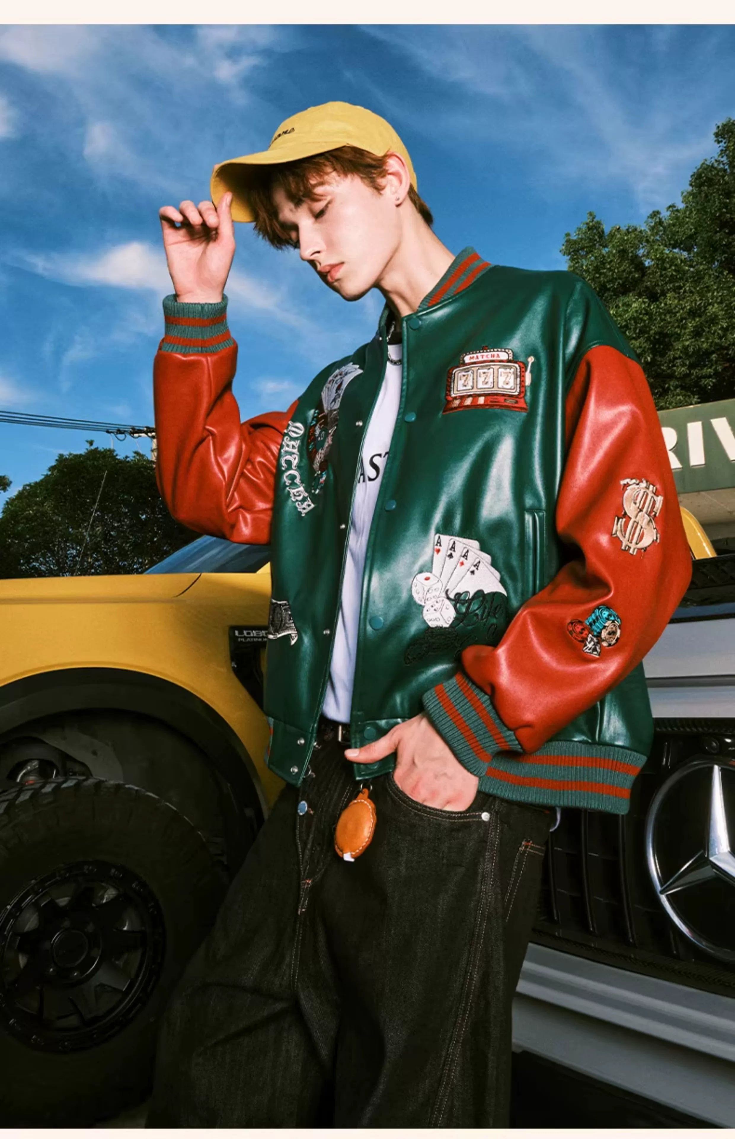 MATCHA STORY PU Leather Heavy Industry Embroidered Baseball Jersey