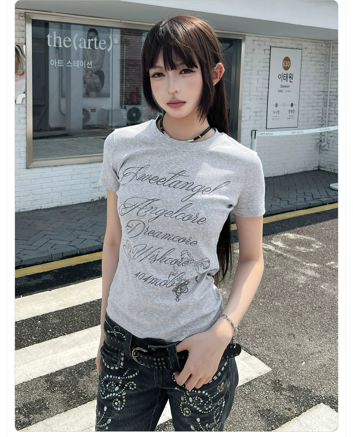 404MOB Alphabet Printed Hot Drill Front Shoulder Tee