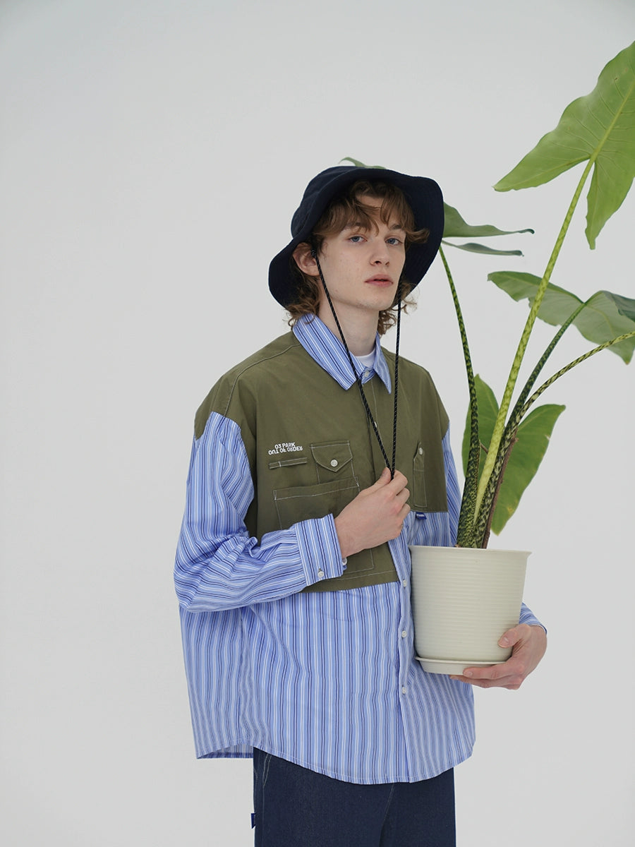 O3PARK Japanese Loose Casual Color Contrasting Splicing Striped Shirt