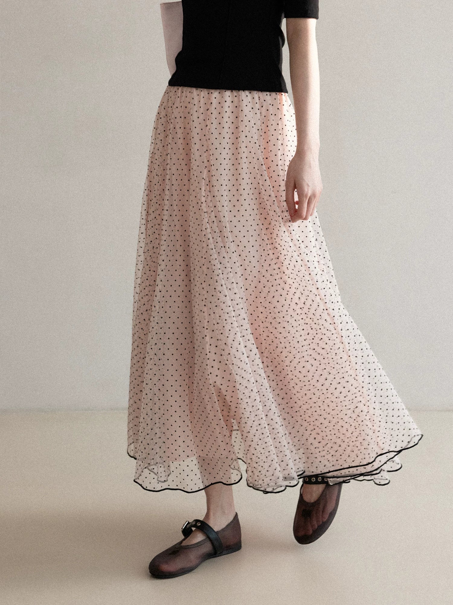 Cantonstory Polka Dot Gauze Skirt High Waist Skirt