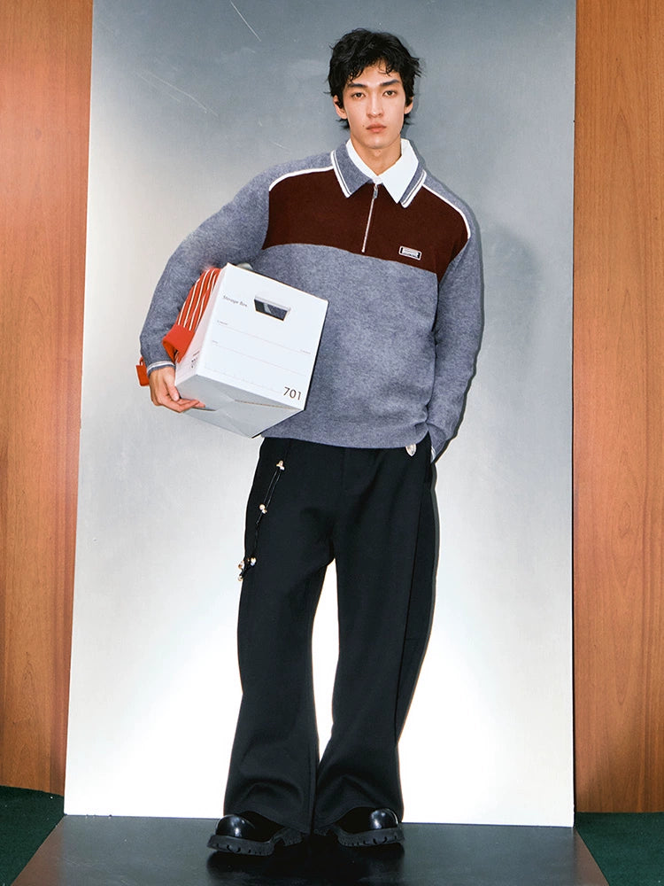 MATCHA STORY Contrast Polo Neck Loose Knitted Sweater