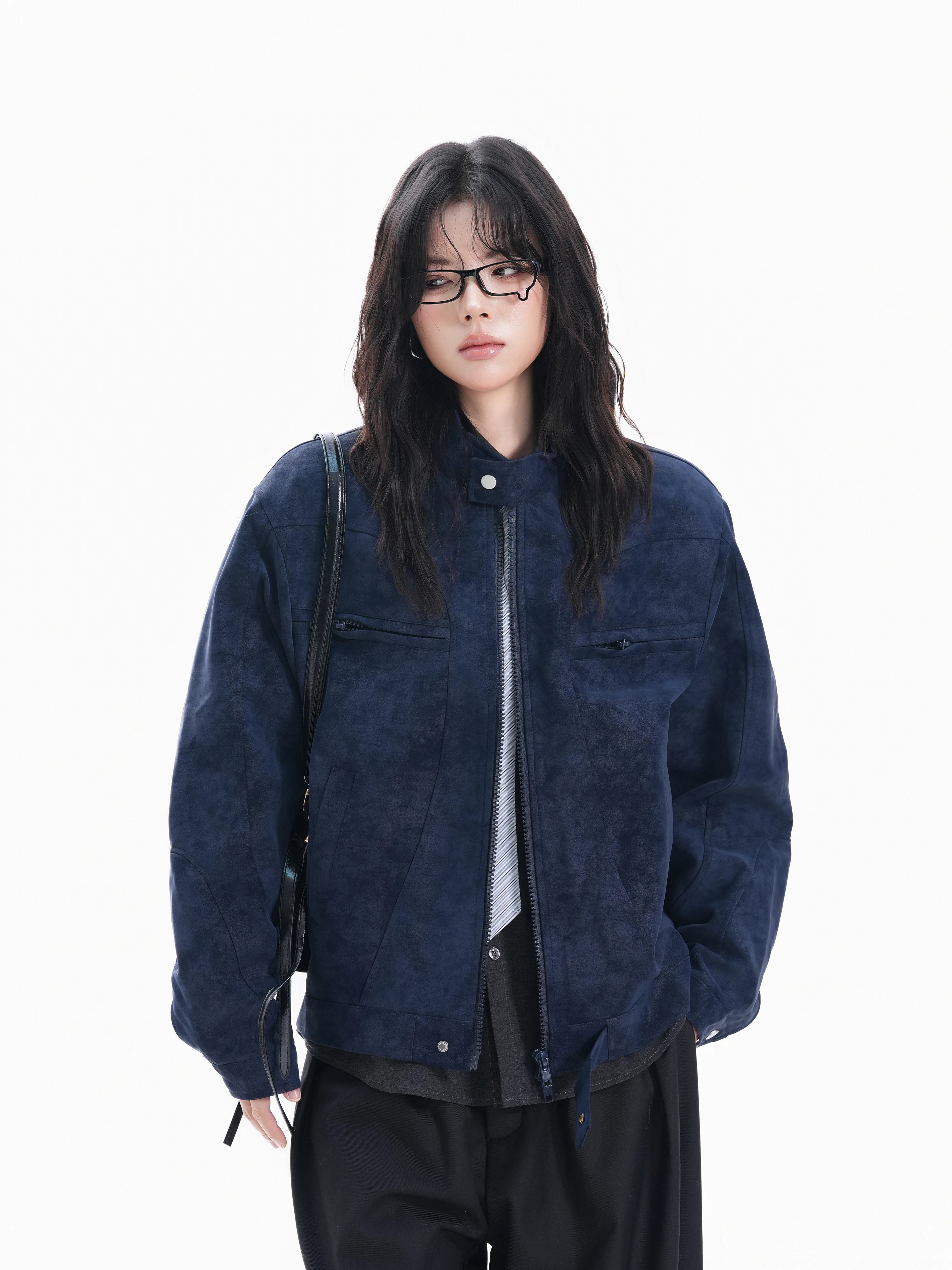 Zuocisankon Stand-up Collar PU Leather Jacket