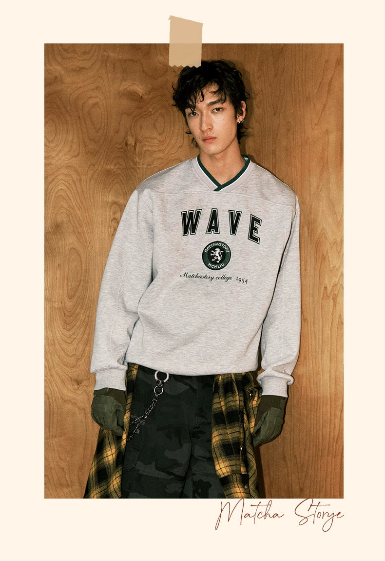 MATCHA STORYV Neck Print Loose-fitting Sport Sweater