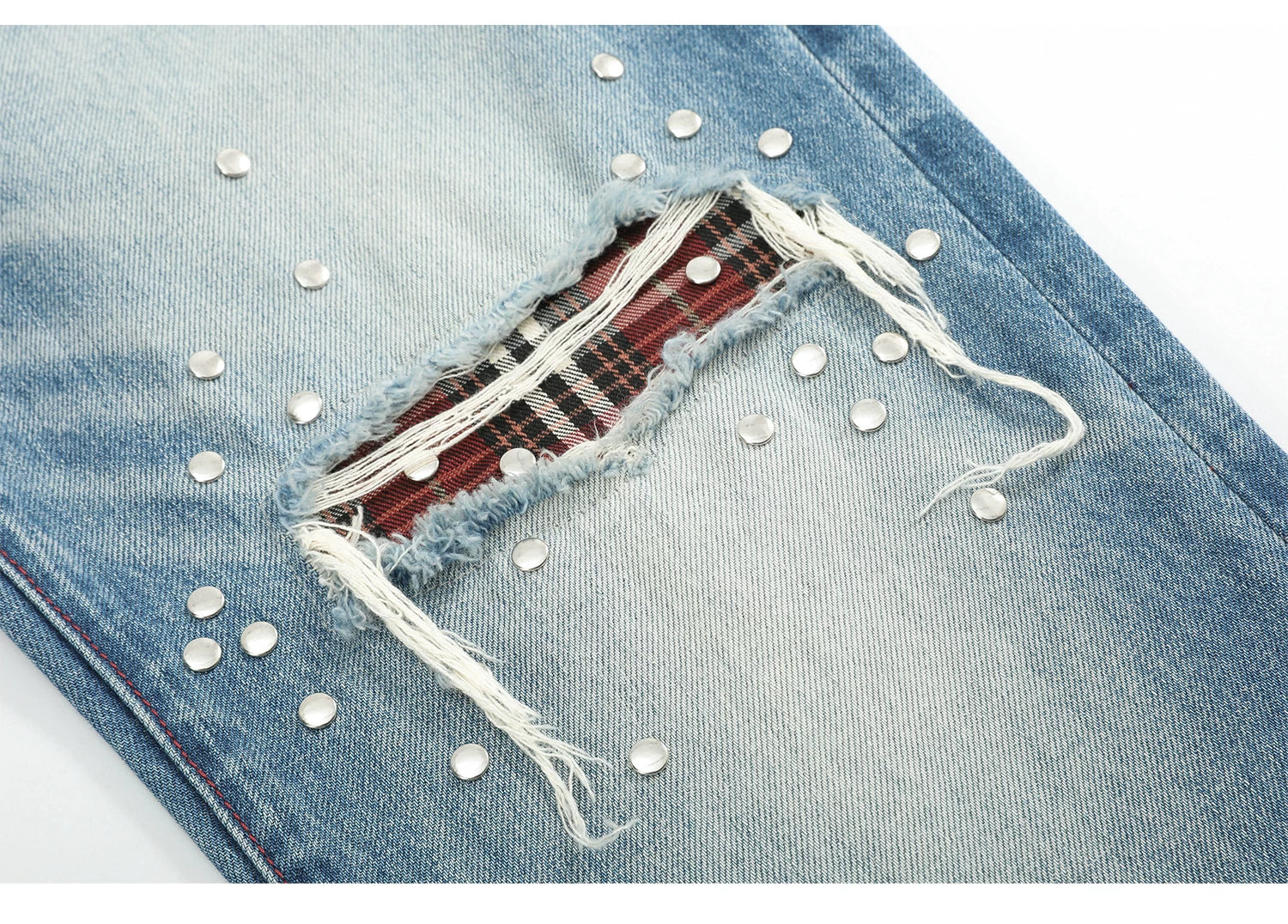 No E Mosen Plaid Rivet Pull Jeans
