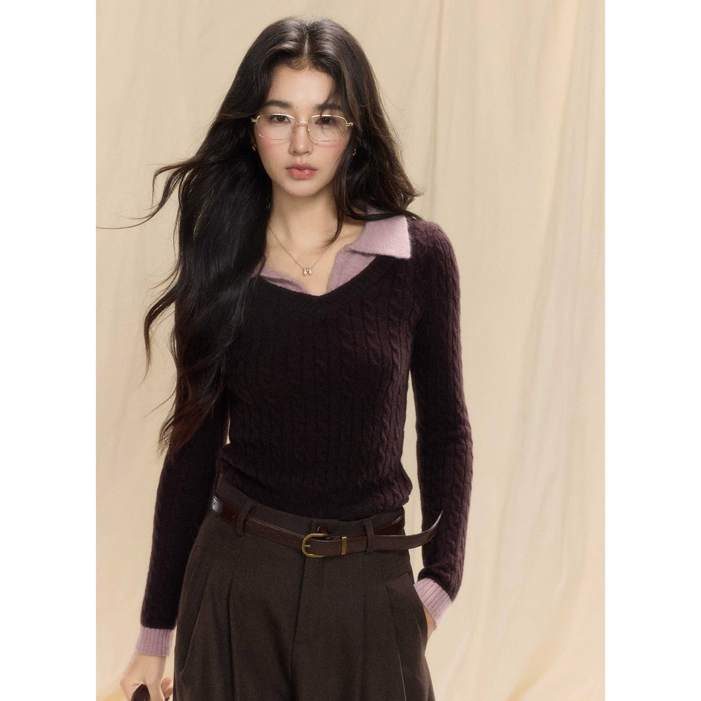 TYANG Contrasting Polo Collar Fake Two-piece Knitted Sweater