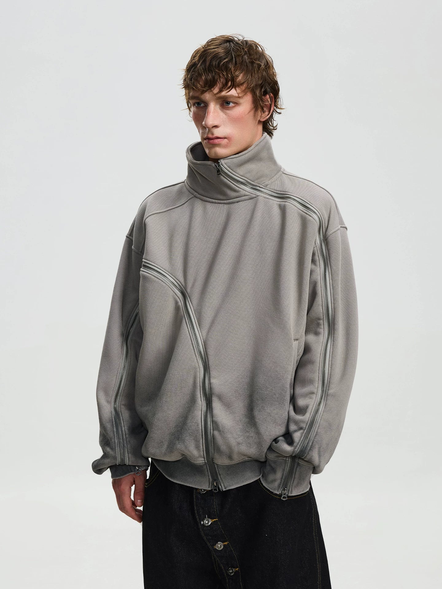 BTSG niche silhouette irregular zipper stand-up collar jacket