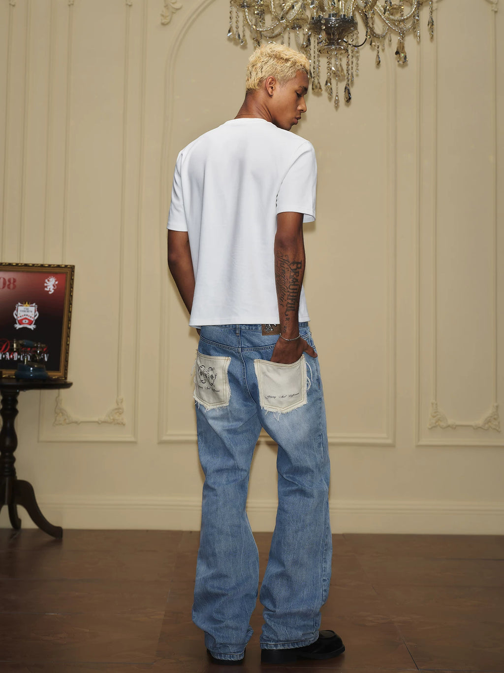 YADcrew Raw-edge Print Lightning Jeans