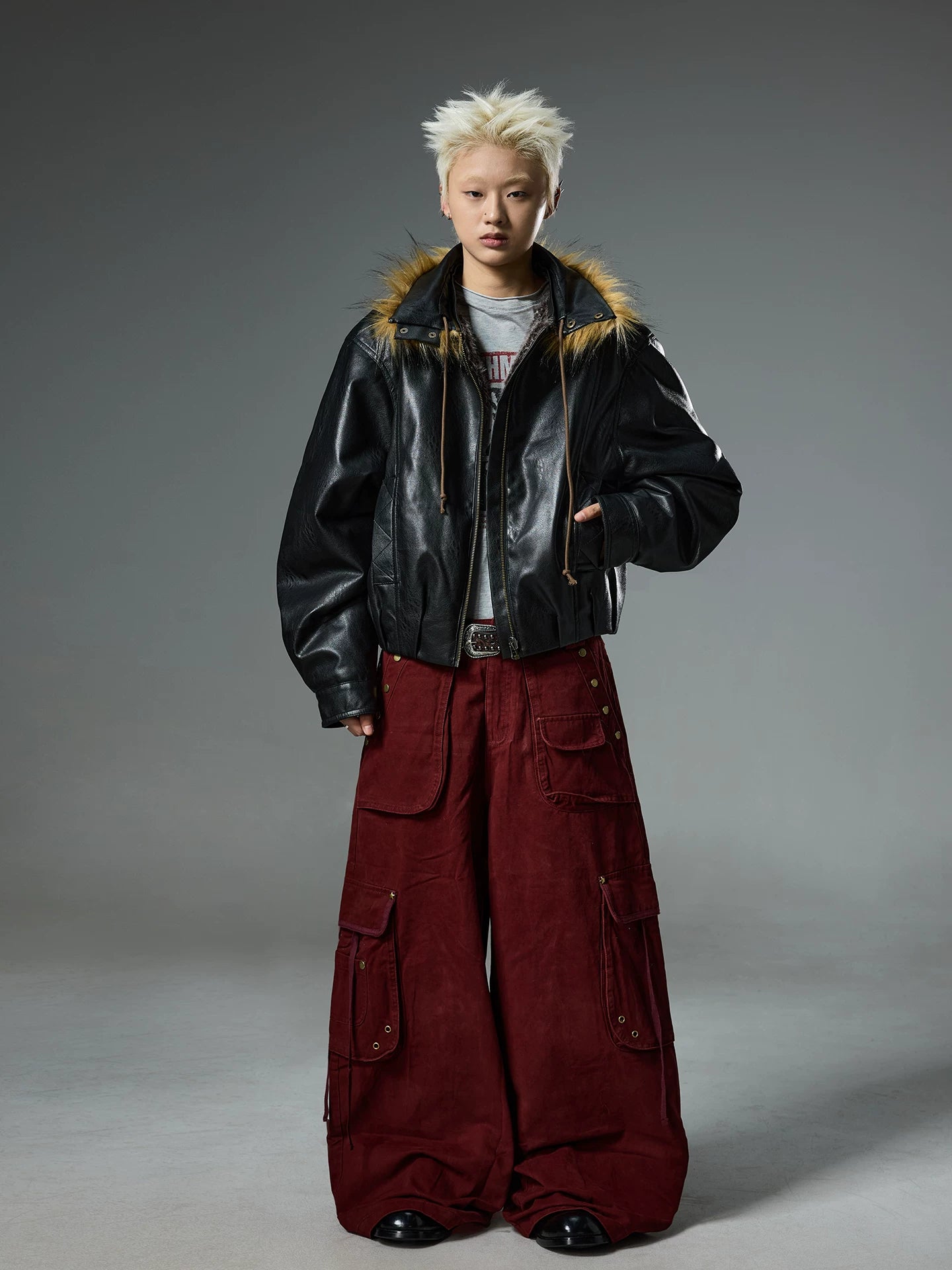 BTSG retro double-sided wear fur collar leather jacket