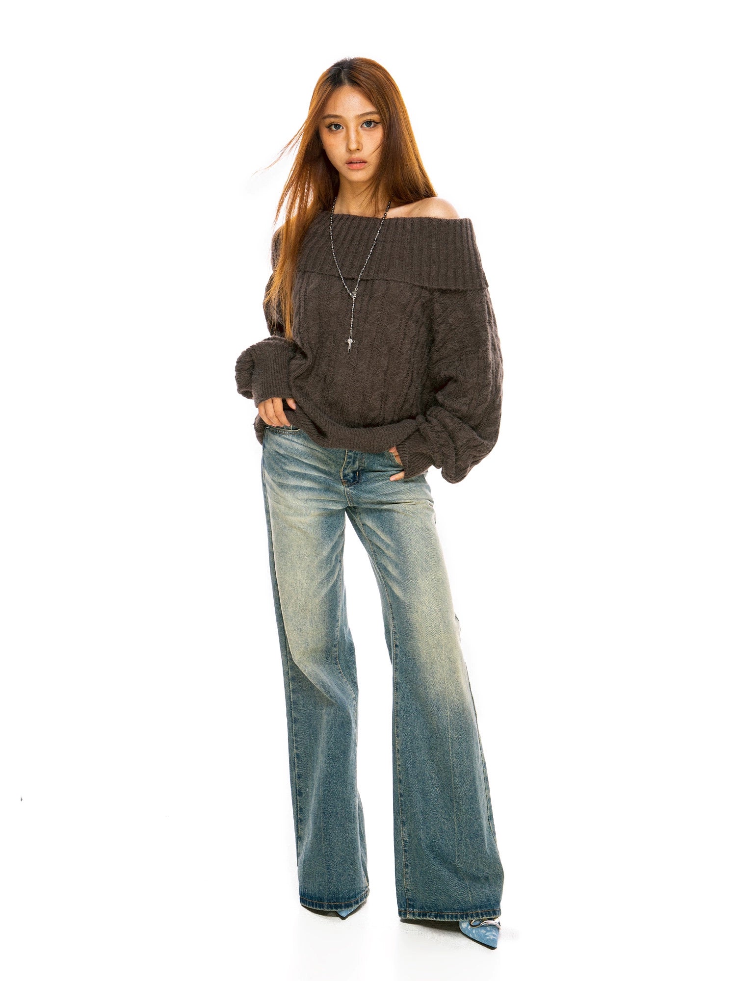 FILIRILI One-word Shoulder Lazy Loose-knit Slanted Shoulder Sweater