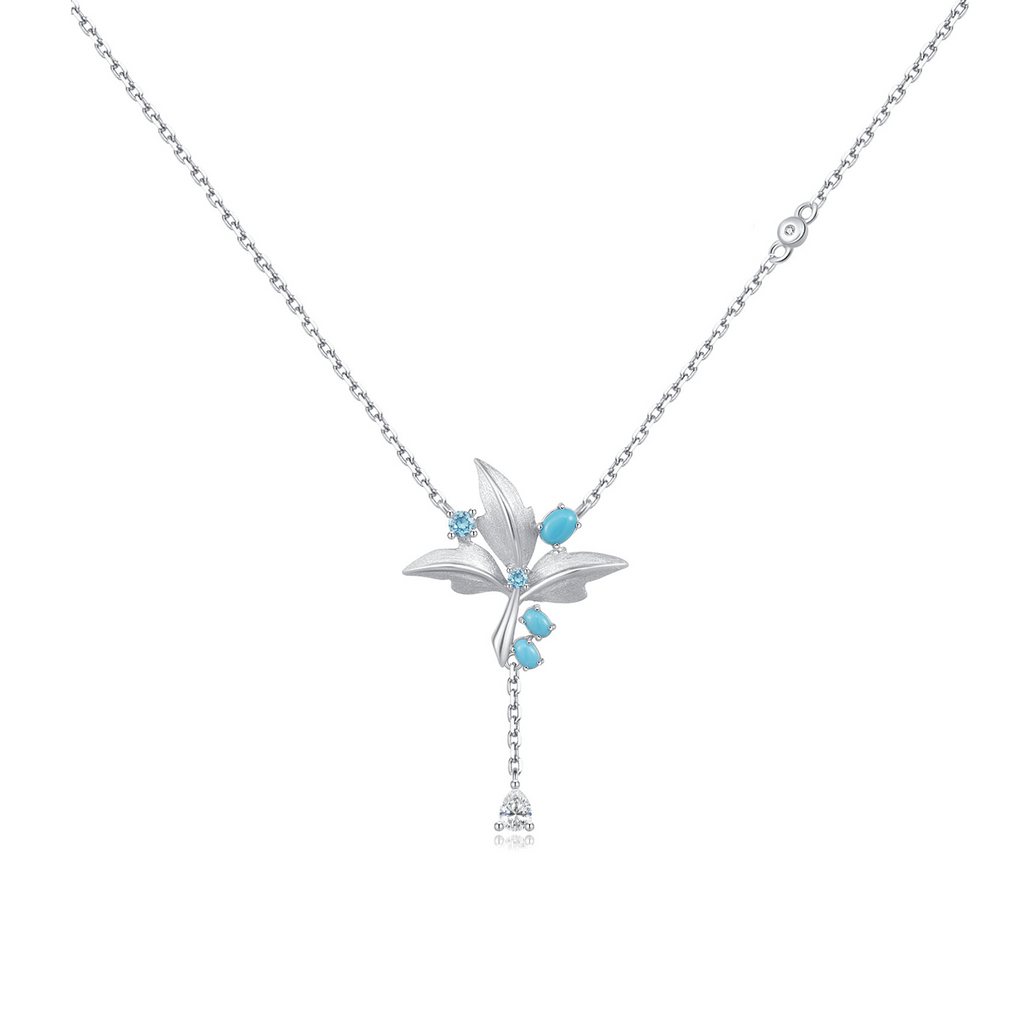 NO SOLUTION Blue Turquoise Diamond Brushed Leaf Water Drop Necklace