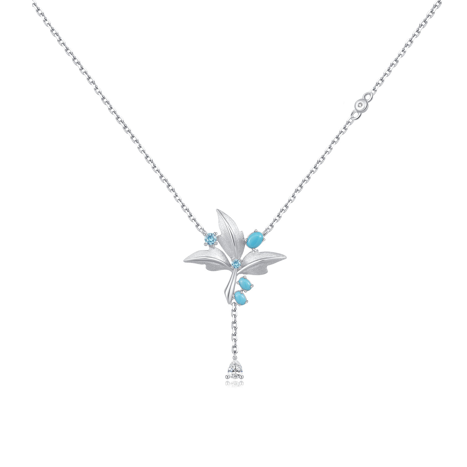 NO SOLUTION Blue Turquoise Diamond Brushed Leaf Water Drop Necklace